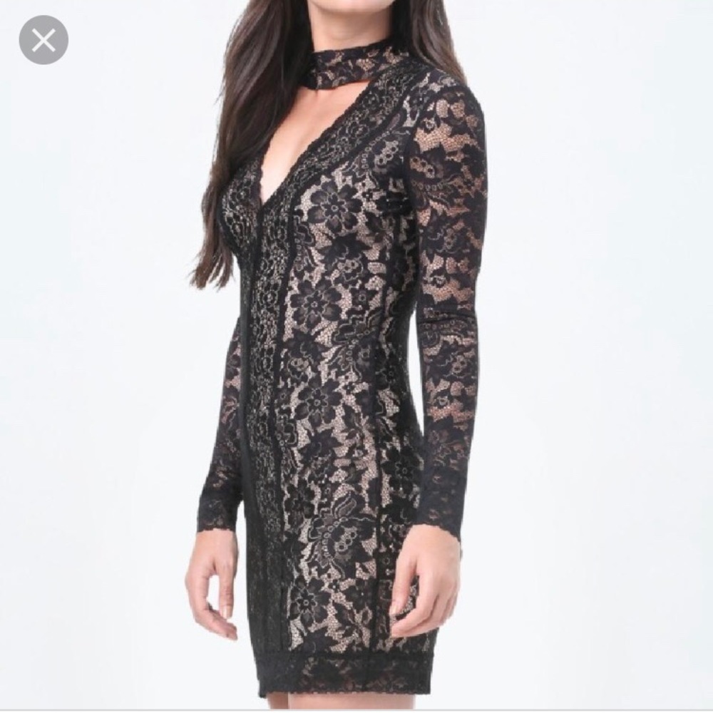Bebe sexy black lace long sleeve choker dress sz S